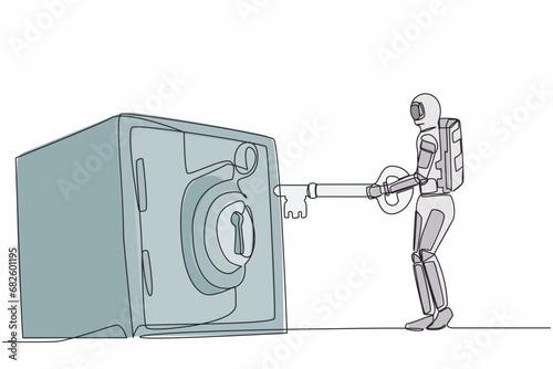 Single continuous line drawing young astronaut putting big key into safety deposit box. Money, gold, securities protection for space company. Cosmonaut deep space. One line design vector illustration