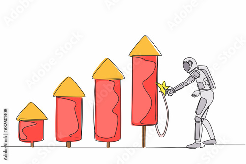 Continuous one line draw astronaut ignite firework rocket bar graph to increase company growth. Boost economic profit in space industry. Cosmonaut outer space. Single line design vector illustration