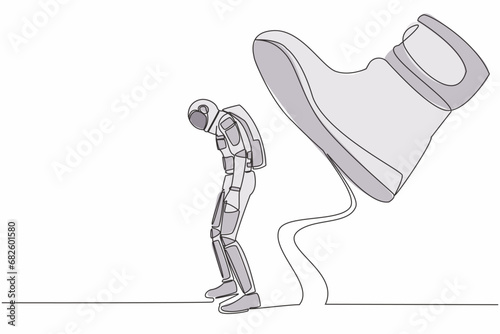 Single one line drawing young astronaut standing weak under huge boot shoe, being fired from company. Future science development. Cosmic galaxy space. Continuous line draw design vector illustration