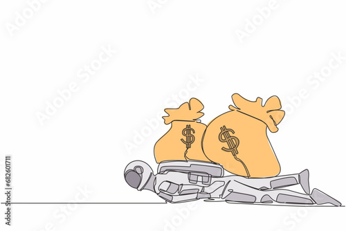 Single continuous line drawing young astronaut under heavy money bag burden. Financial crisis in spaceship industry due to pandemic. Cosmonaut deep space. One line design vector graphic illustration