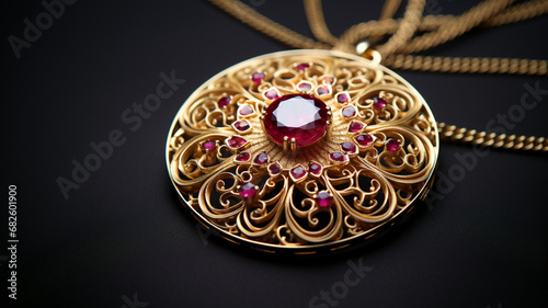 Gold necklace with rubies. AI Generative.