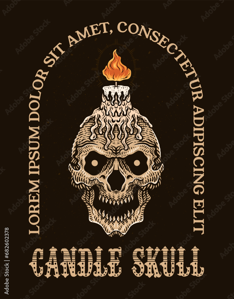 Illustration Hand drawn. Skull candle engraving style. Vector illustration