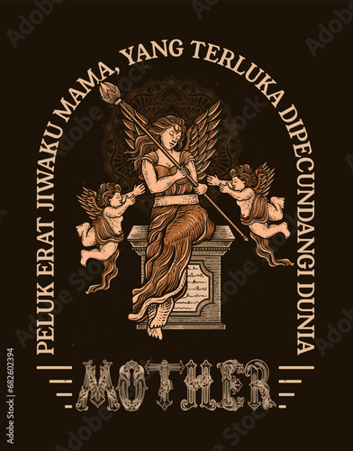 Illustration hand drawn. Angel woman with two cupid angel. Vector illustration