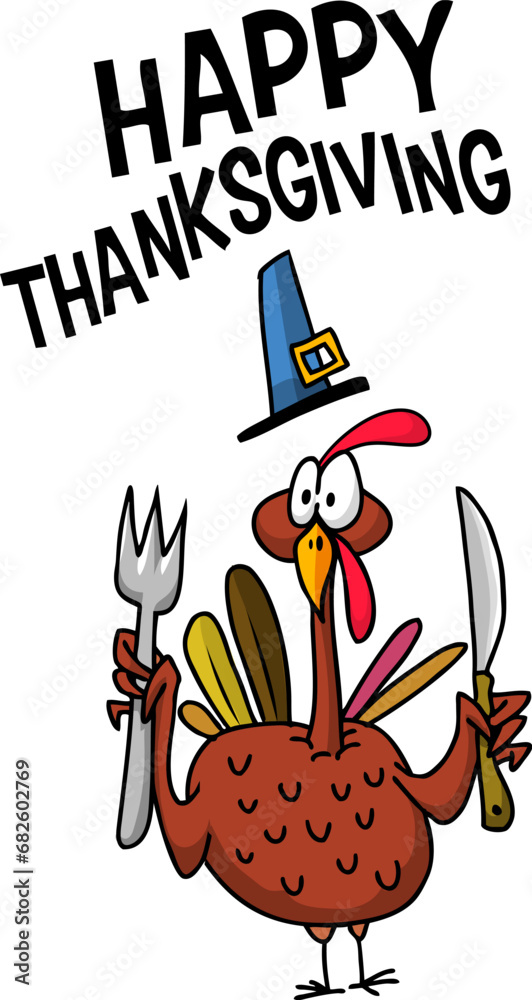 Cartoon happy cute thanksgiving turkey bird holding fork and knife. Vector illustration isolated Cartoon happy cute thanksgiving turkey bird holding fork and knife. Vector illustration isolated