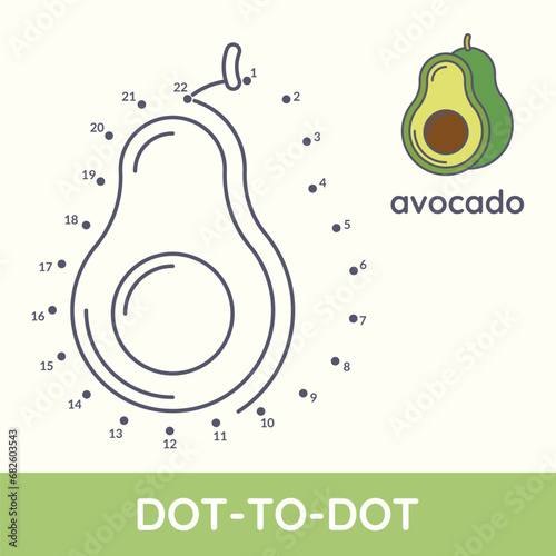 Connect dot to dot fun game cartoon Avocado exercise. Coloring educational game for preschool kids and children. Fruit and vegetable leisure activity worksheet vector illustration