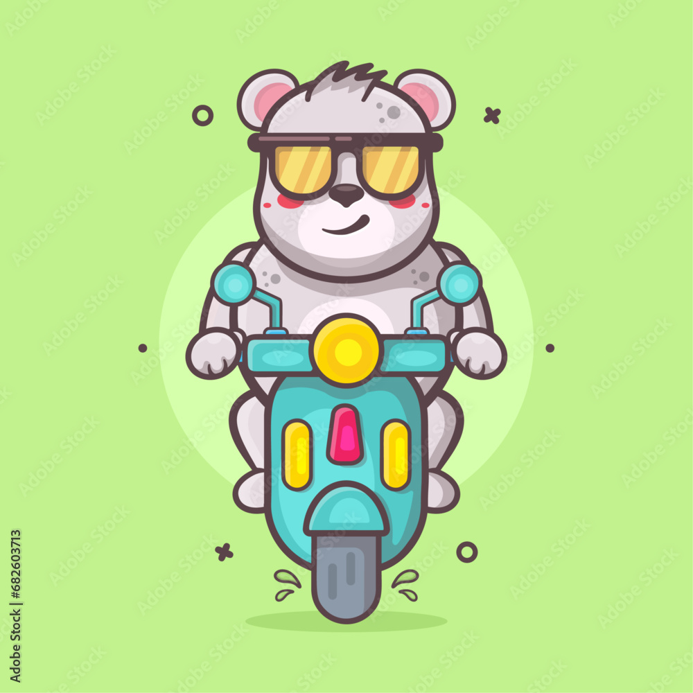 cute polar bear animal character mascot riding scooter motorcycle isolated cartoon in flat style design