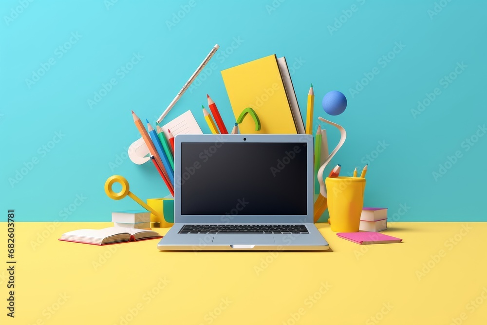 School supplies with laptop on blue background, Online education concept. 3d rendering, Generative AI School supplies with laptop on blue background, Online education concept. 3d rendering, Generative AI