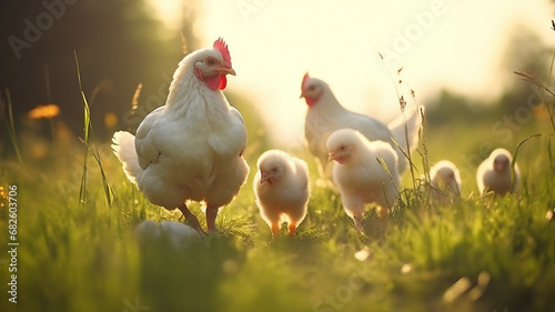 A hen leading her chicks across a sunlit meadow, AI Generative.