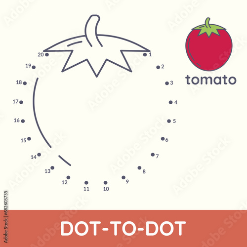 Connect dot to dot fun game cartoon Tomato exercise. Coloring educational game for preschool kids and children. Fruit and vegetable leisure activity worksheet vector illustration