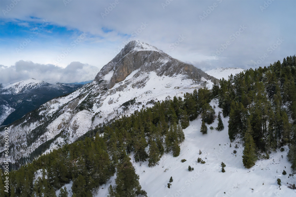 Aerial view of Dolomites mountains in winter, Italy.