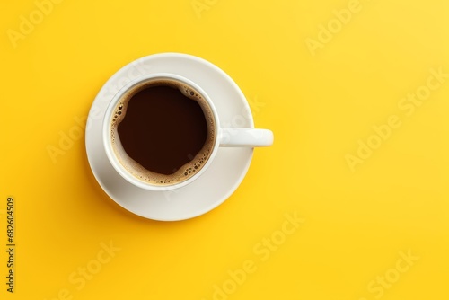 Top view of coffee cup on yellow and white background, Generative AI 