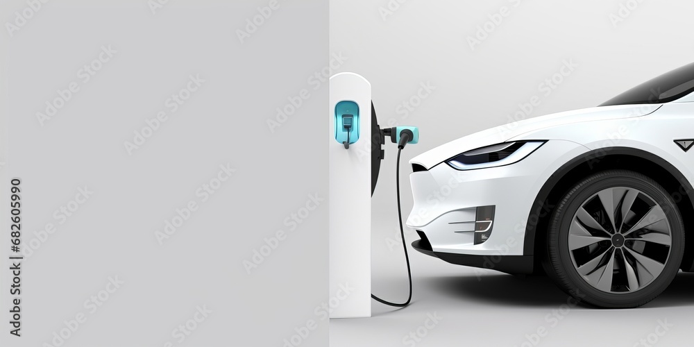 E-mobility, electric car charging battery on white background. 3d rendering, Generative AI  - obrazy, fototapety, plakaty 