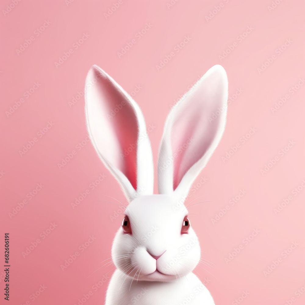 Obraz premium White rabbit ear on pastel pink background. Easter day. 3d rendering, Generative AI 