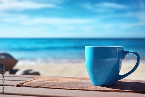 a blue coffee mug with beach sand background . blue Monday concept AI Generative