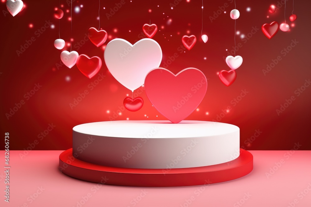 Valentines podium pedestal with 3d pink heart and cloud . generative ai