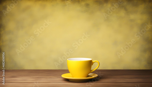 yellow coffee cup on wooden table over yellow grunge background