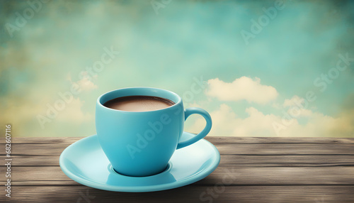 sky blue black coffee cup on wooden table over sky blue grunge background