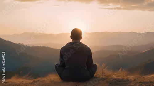 A black man sits atop a hill with his arms crossed and eyes closed. His thoughts travel beyond the horizon as he finds serenity amidst the chaos of the day. photo