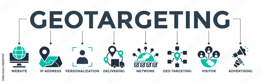 Geo-targeting banner web icon concept with the icon of the website, IP address, personalization, delivering, network, geo-targeting, visitor, and advertising. Vector illustration 