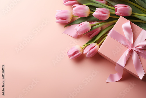 Generative AI Image of Gift Box with Tulip Flowers on Pink Background