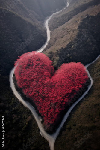 Aerial View of Red Trees in the Shape of a Heart