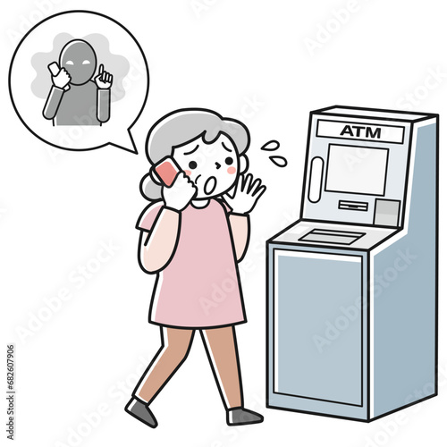詐欺の犯人と電話で話しながらATMに向かうシニア女性