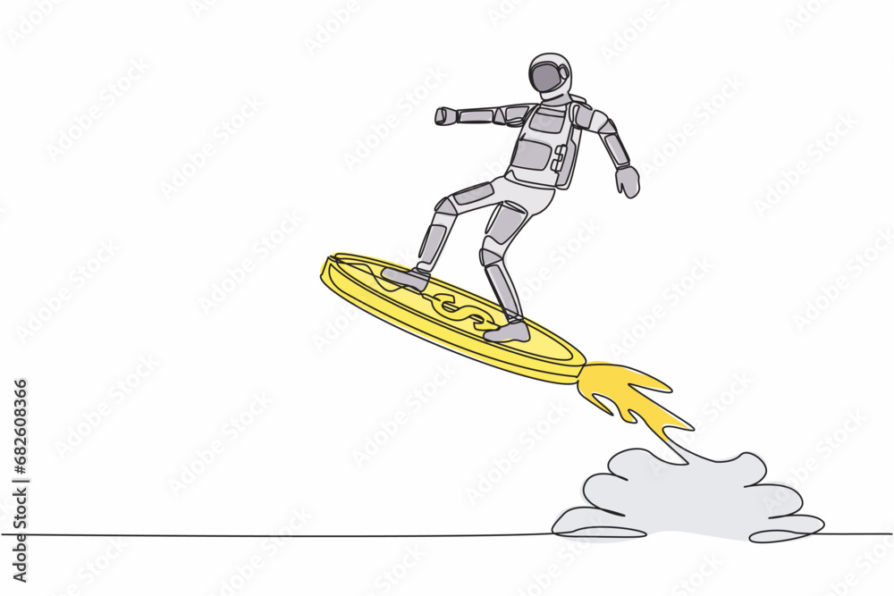 Continuous one line drawing young astronaut riding dollar coin rocket flying in moon surface. Space exploration business advantages. Cosmonaut outer space. Single line draw design vector illustration Continuous one line drawing young astronaut riding dollar coin rocket flying in moon surface. Space exploration business advantages. Cosmonaut outer space. Single line draw design vector illustration