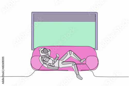 Continuous one line drawing astronaut lying on sofa near windowsill at home in moon surface. Spending time, relaxing after work. Cosmonaut outer space. Single line graphic design vector illustration