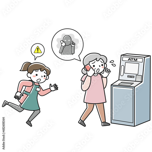 電話しながらATMに向かうシニア女性と駆け寄るコンビニ店員