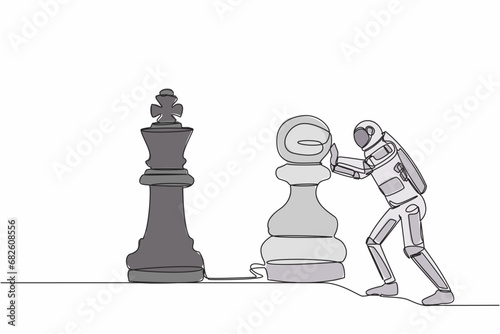 Continuous one line drawing astronaut push huge pawn chess piece to take down king. Big dreams conquer intergalactic exploration. Cosmonaut outer space. Single line design vector graphic illustration