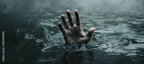  A person hand drowning. Concept of failure and struggle. Generative AI technology.