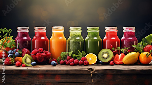 colorful fresh fruit and vegetable smoothies or juice in bottle photo
