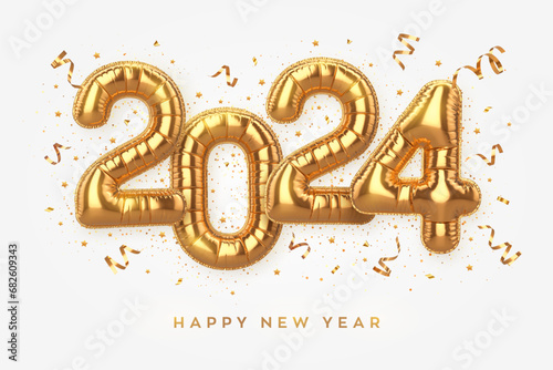 Happy New Year 2024. Golden foil balloon numbers on white background. High detailed 3D realistic gold foil helium balloons. Merry Christmas and Happy New Year 2024 greeting card. Vector illustration.