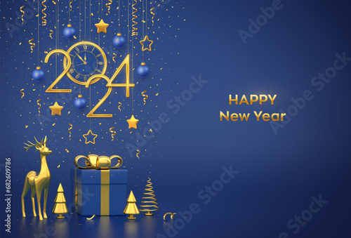 Happy New Year 2024. Merry christmas card. Hanging golden metallic numbers 2024, stars, balls, confetti. Watch with Roman numeral countdown midnight. Gift box, gold deer, fir, spruce trees. Vector.