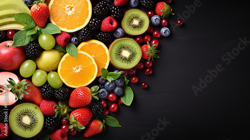 healthy mixed fruit and ingredients from top view