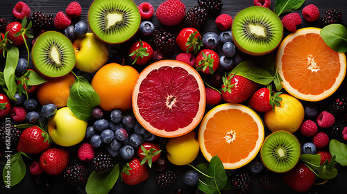 healthy mixed fresh fruit and ingredients from top view © pjdesign