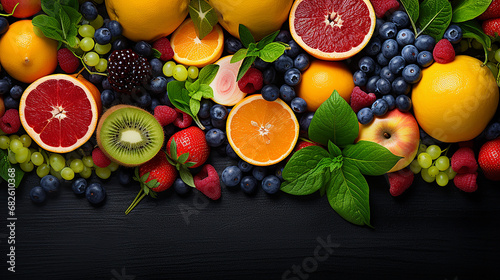healthy mixed fruit and ingredients from top view