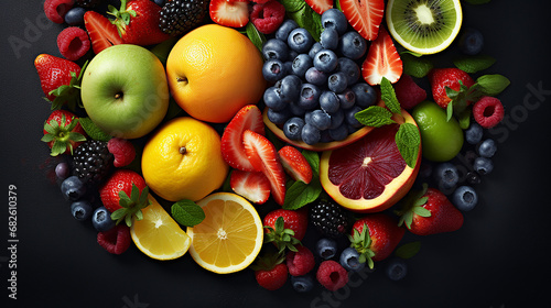 healthy mixed fresh colorful fruit and ingredients from top view