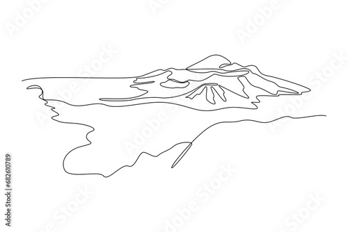 One continuous line drawing of mountain, grass and trees. Nature concept. Doodle vector illustration in simple linear style.