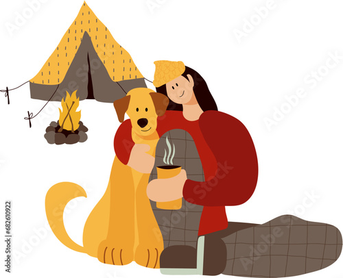 Woman with pet dog hiking and camping. Hand drawn style. Camp with bonfire and tent
