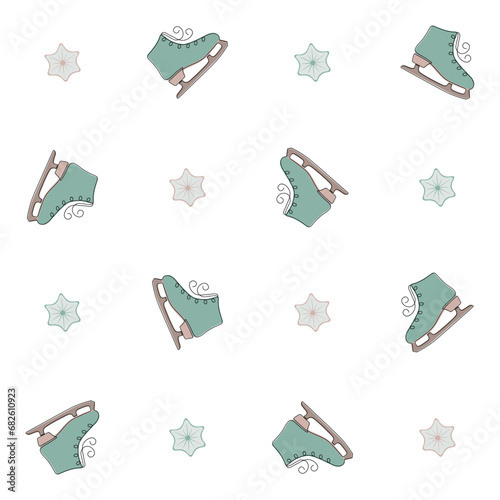 Blue ice skates with snowflakes in beautiful style on white background. Seamless pattern with ice skates continuous one line art.