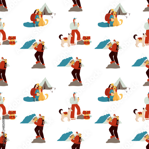 Seamless pattern with woman and man and pet dogs hiking and camping at mountains. Camp with tent, bonfire. Hand drawn style.