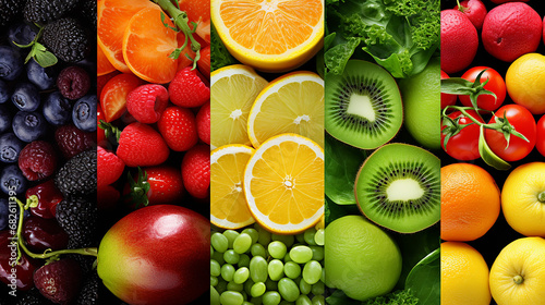 collage of color fruits and vegetables. fresh ripe food photo