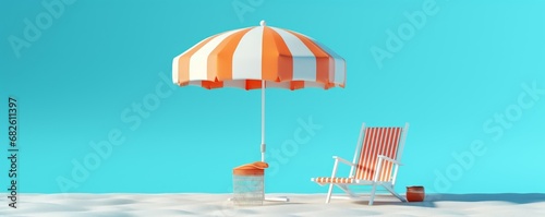 Summer beach concept, chair with umbrella and inflatable ring on blue background. 3d rendering, Generative AI 
