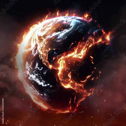 The once vibrant blue marble hangs suspended in space, now glowing red hot. Great fissures split the earth's crust spewing forth lava that consumes everything in its path. Vast forests and jungles eru photo