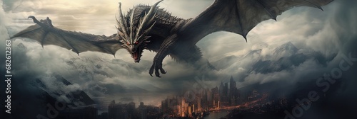 Unleash the legend - a majestic dragon soaring high amongst the clouds, a powerful embodiment of myth and fantasy! photo