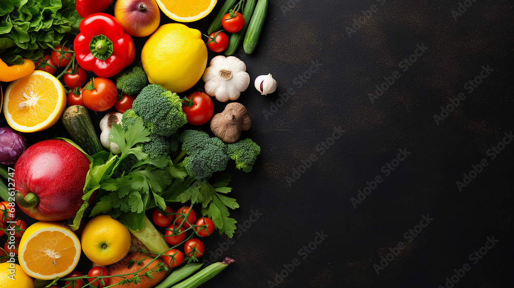 top view different fruits and vegetables fresh fruit with dark background top view different fruits and vegetables fresh fruit with dark background