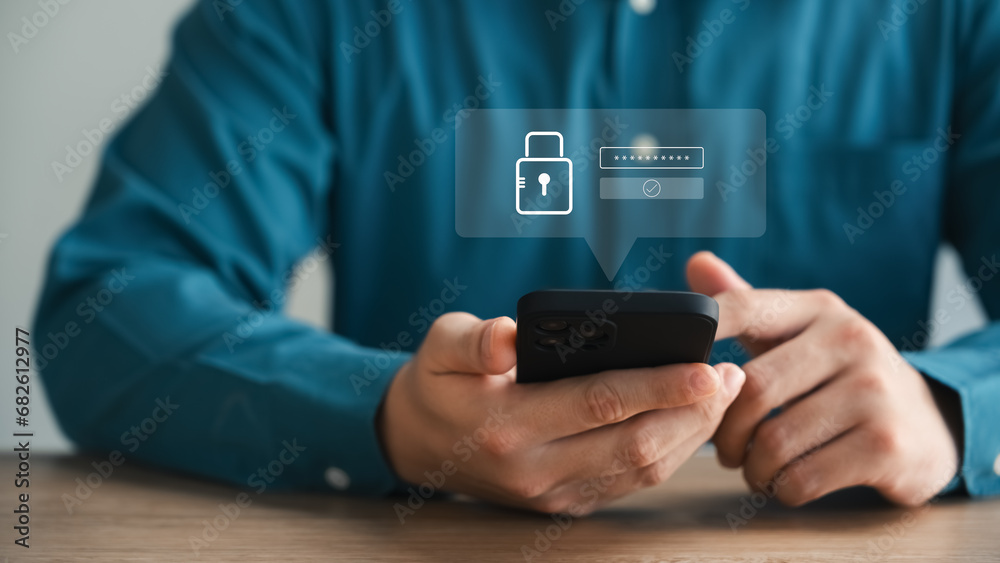 Cyber security and data protection, businessman using smartphone internet network security, protect business and financial transaction data from cyber attack, user private data security encryption. Cyber security and data protection, businessman using smartphone internet network security, protect business and financial transaction data from cyber attack, user private data security encryption.