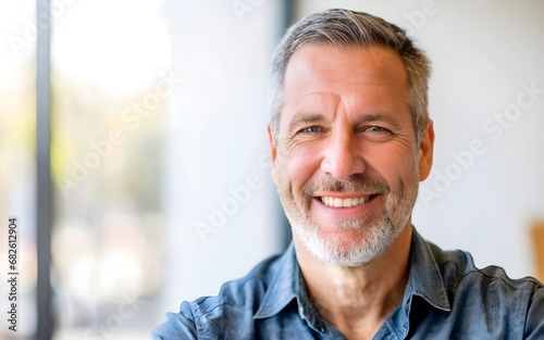 Close up photo portrait of a beautiful middle aged man smiling with clean teeth, detailed features, in casual, older man, mature man, white background,