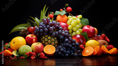 fresh fruit and vegetables on dark background